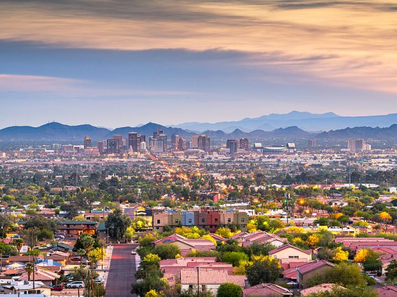 Phoenix, Arizona, USA downtown cityscape at dusk.