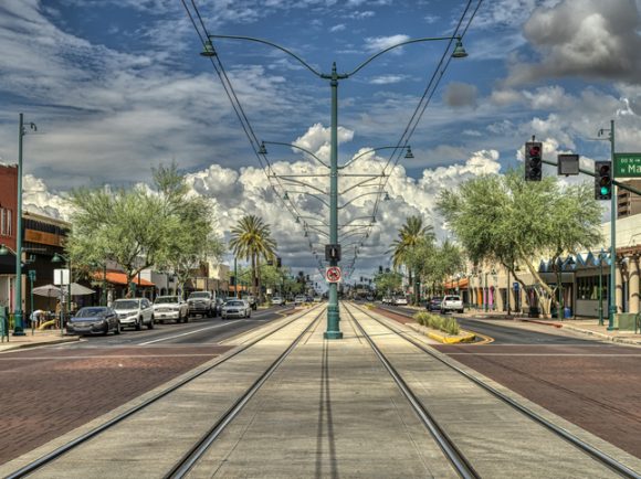 Monsoon clouds float over downtown Mesa, Arizona