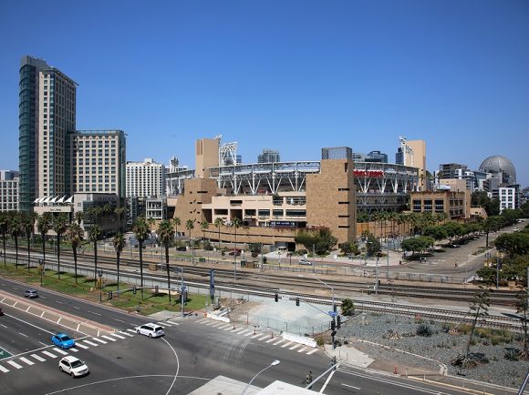 SAN DIEGO, CALIFORNIA - August 25, 2021: Petco Park in San Diego, California. Petco Park is home to the San Diego Padres baseball team.  Petco Park is an open-air ballpark in downtown San Diego.