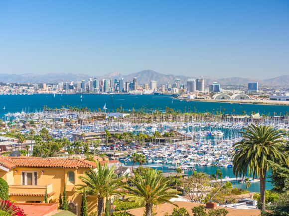 San Diego, California, USA cityscape over the bay.