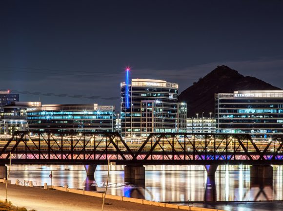 Evening view of the four bridges crossing Tempe Town Lake in Tempe Arizona.