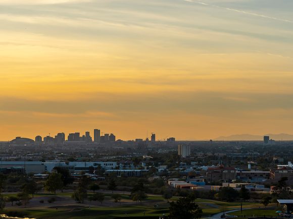 The Phoenix Arizona skyline at sunset near Papago Park